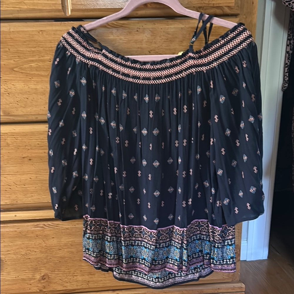 Bohemian Blueand Pink print off shoulder  Women's Top large